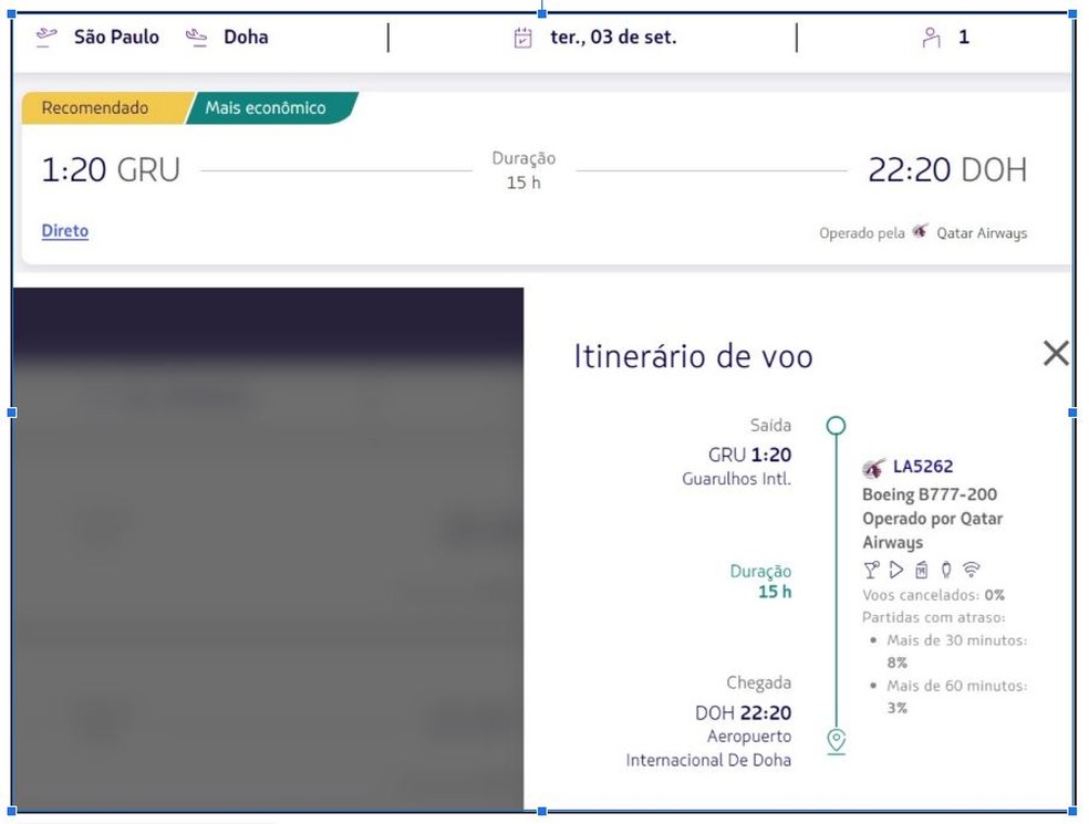 Exemplo de como o codeshare é sinalizado pela Latam em um voo operado pela Qatar Airways — Foto: Latam