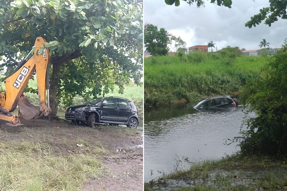 Idoso caiu com o carro em vala e foi arrastado para um córrego em Itanhaém (SP) — Foto: g1 Santos