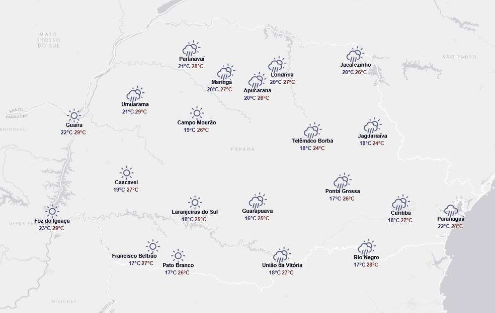 Previsão para 14 de janeiro — Foto: Reprodução/Simepar