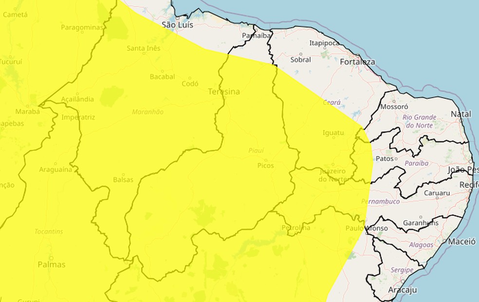 Piauí tem alerta amarelo para chuvas intensas em quase todo o estado — Foto: Reprodução/Inmet