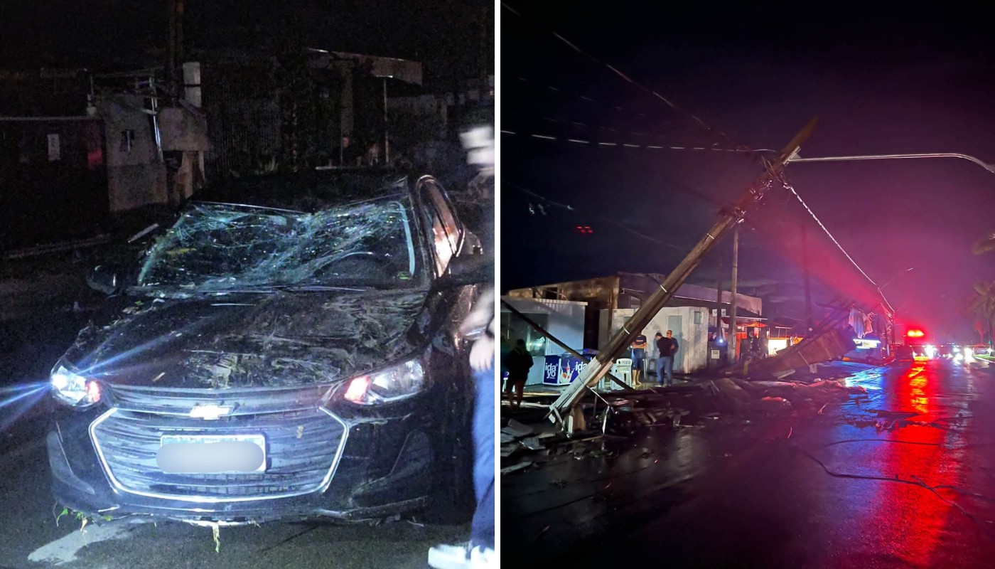Tempestade faz poste cair sobre carros e causa queda de árvores em Estiva Gerbi