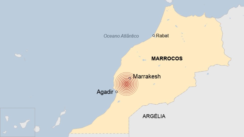Epicentro do terremoto que atingiu o Marrocos — Foto: BBC