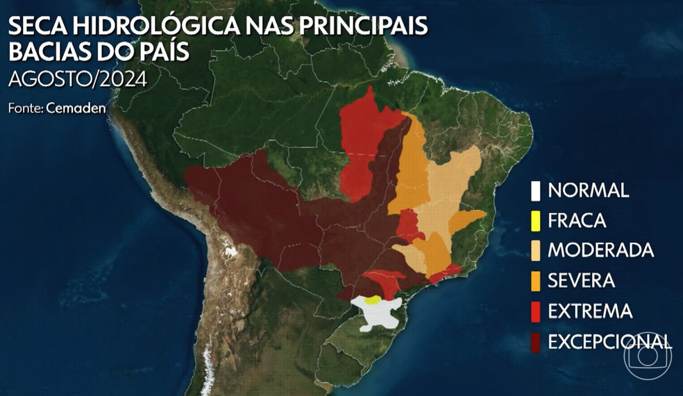 Mapa mostra os níveis críticos de estiagem em diferentes regiões do país em agosto — Foto: Reprodução/TV Globo