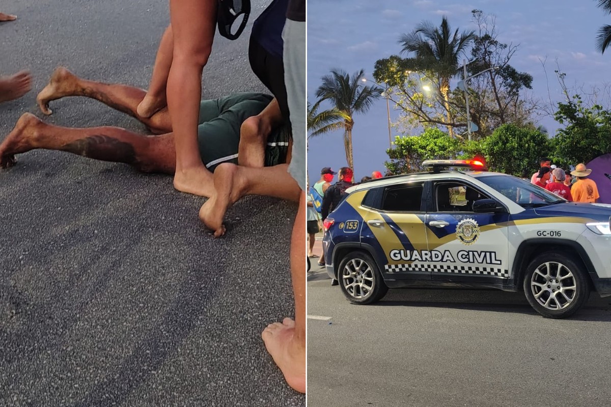 Criminoso joga bicicleta em homem para roubar joias, mas é imobilizado por vítima e testemunhas; VÍDEO