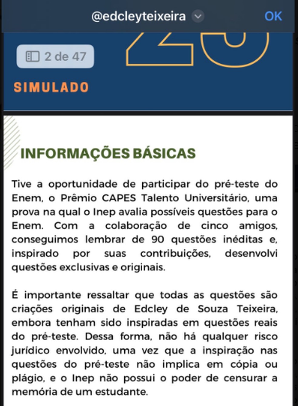 Material de Edcley afirma que as questões são 'autorais', mas baseadas em testes da Capes — Foto: Reprodução
