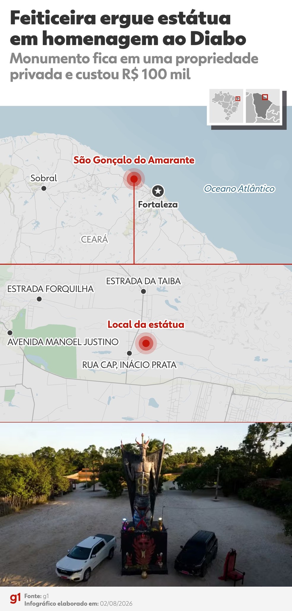 Infográfico - Feiticeira ergue estátua em homenagem ao Diabo. — Foto: Arte g1