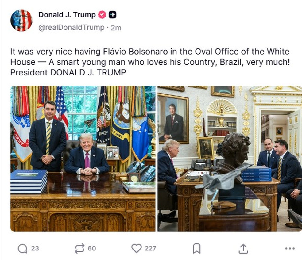 Trump faz post sobre encontro com Flávio Bolsonaro — Foto: Reprodução/Truth Social