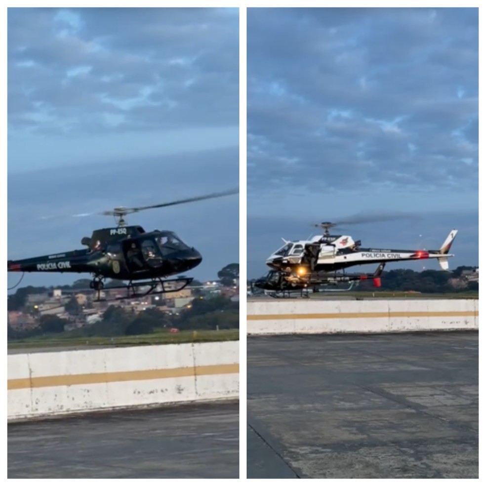Helicópteros da PCMG no Aeroporto da Pampulha decolando para operação de combate ao tráfico de drogas em BH. — Foto: TV Globo