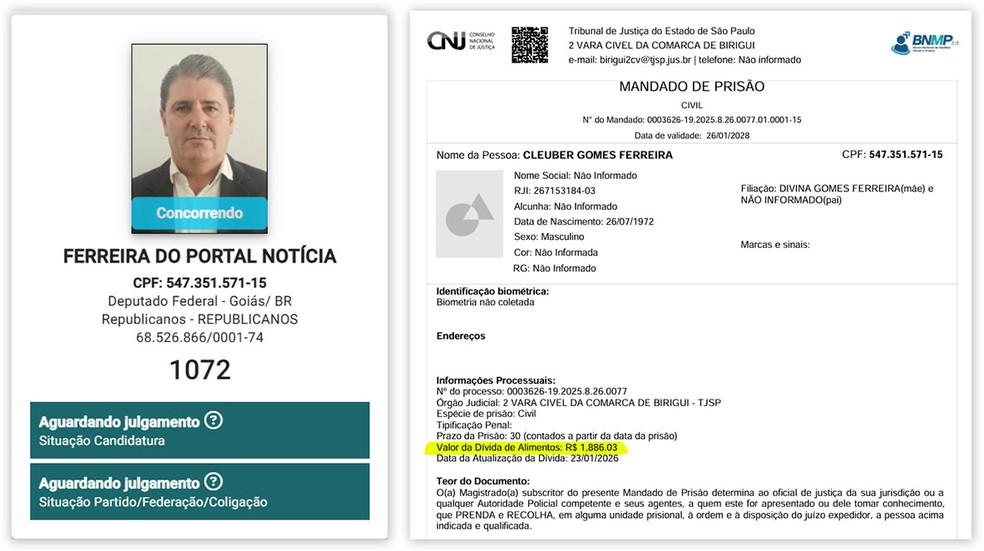 Cleuber Ferreira aparece como “concorrendo” no DivulgaCand, do TSE, e em mandado de prisão civil por dívida de pensão alimentícia de R$ 1.886,03, disponível no BNMP — Foto: Montagem/g1, Reprodução/TSE e CNJ