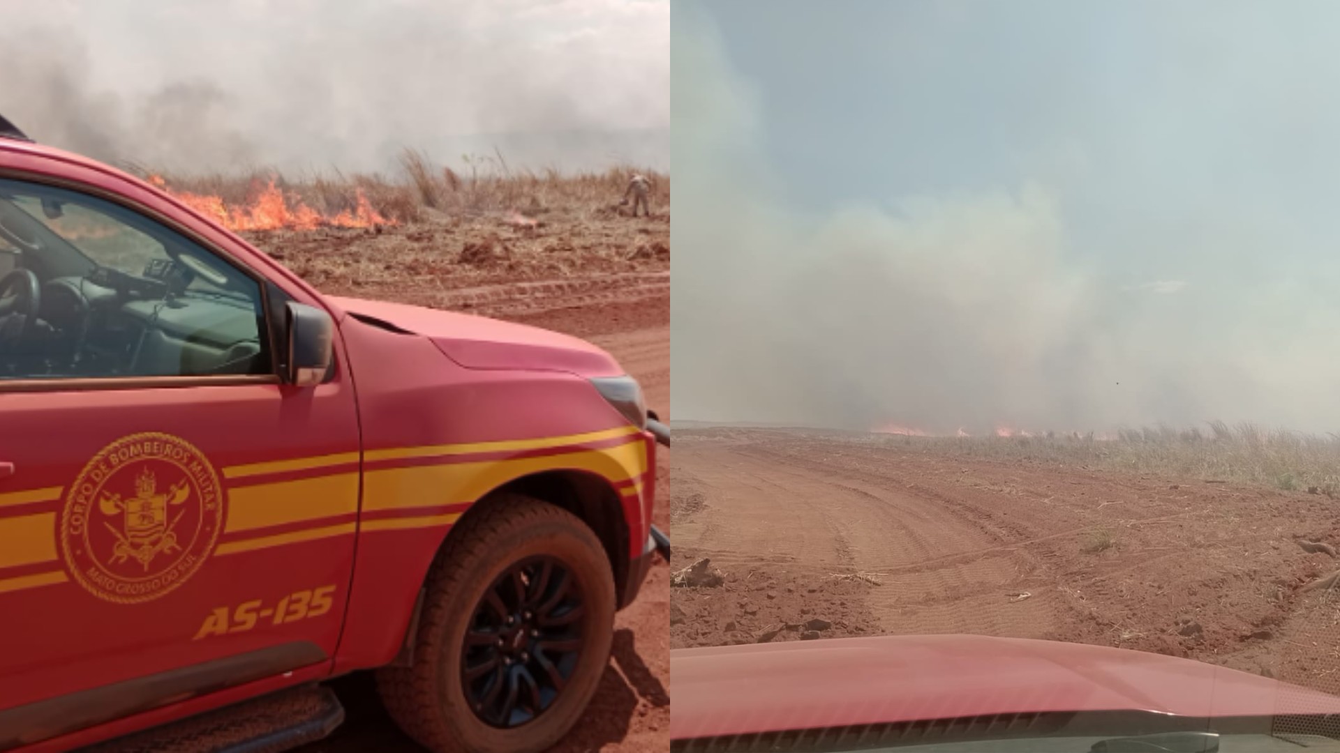 Corpo de Bombeiros combate fogo em plantação de cana na divisa de MS e GO