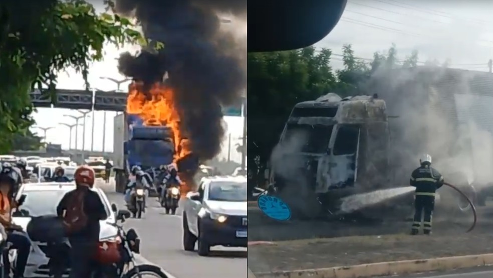 Cabine de caminhão fica destruída após veículo pegar fogo em Fortaleza. — Foto: Reprodução