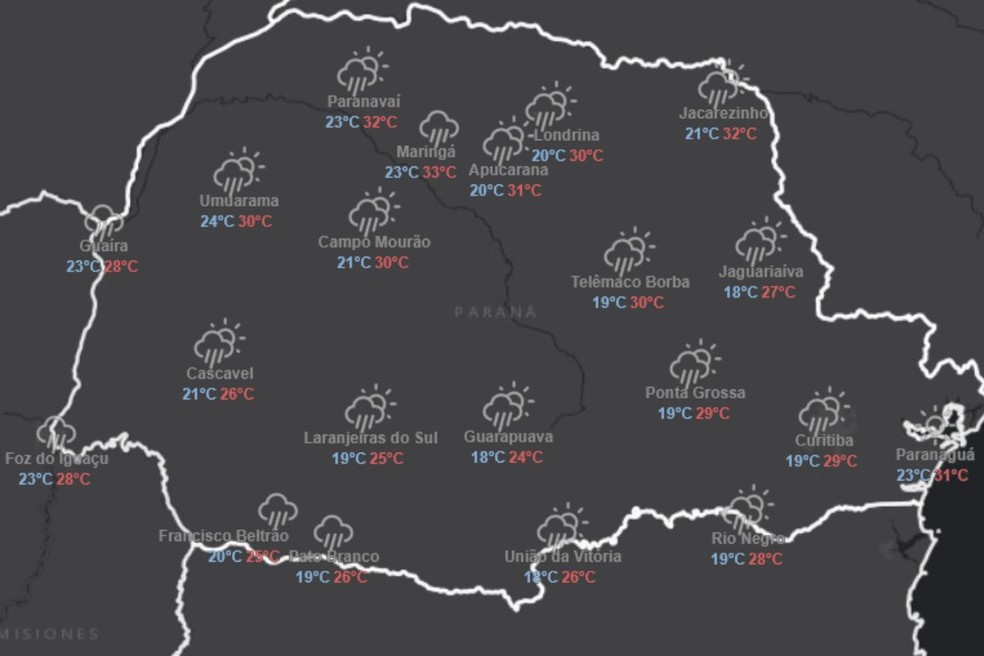 Previs&atilde;o do tempo para s&aacute;bado (10), no Paran&aacute;. &mdash; Foto: Reprodu&ccedil;&atilde;o/Simepar