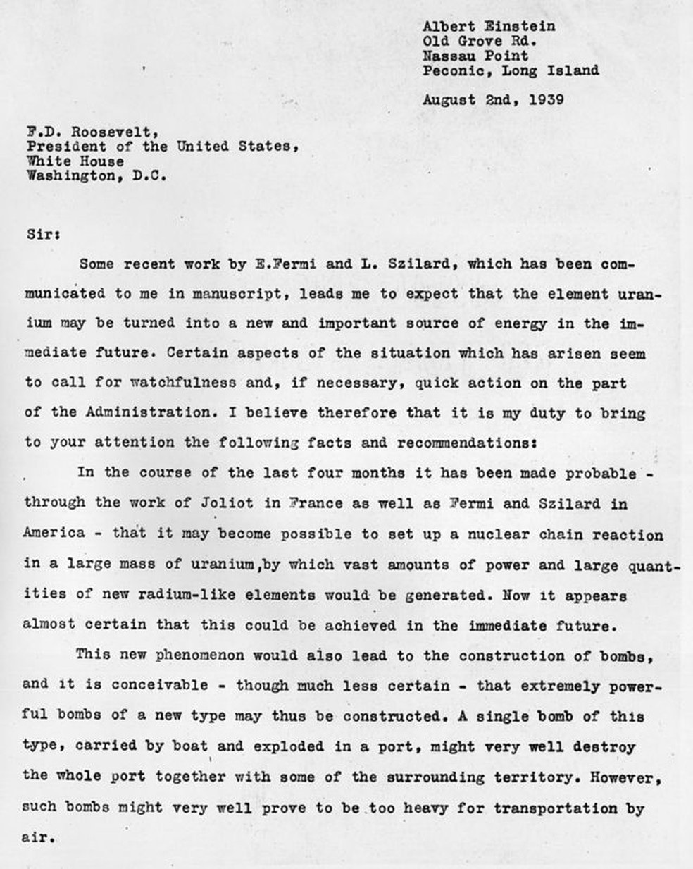 A carta escrita por Szilárd e assinada por Einstein foi enviada ao presidente Roosevelt em agosto de 1939 — Foto: GETTY IMAGES via BBC