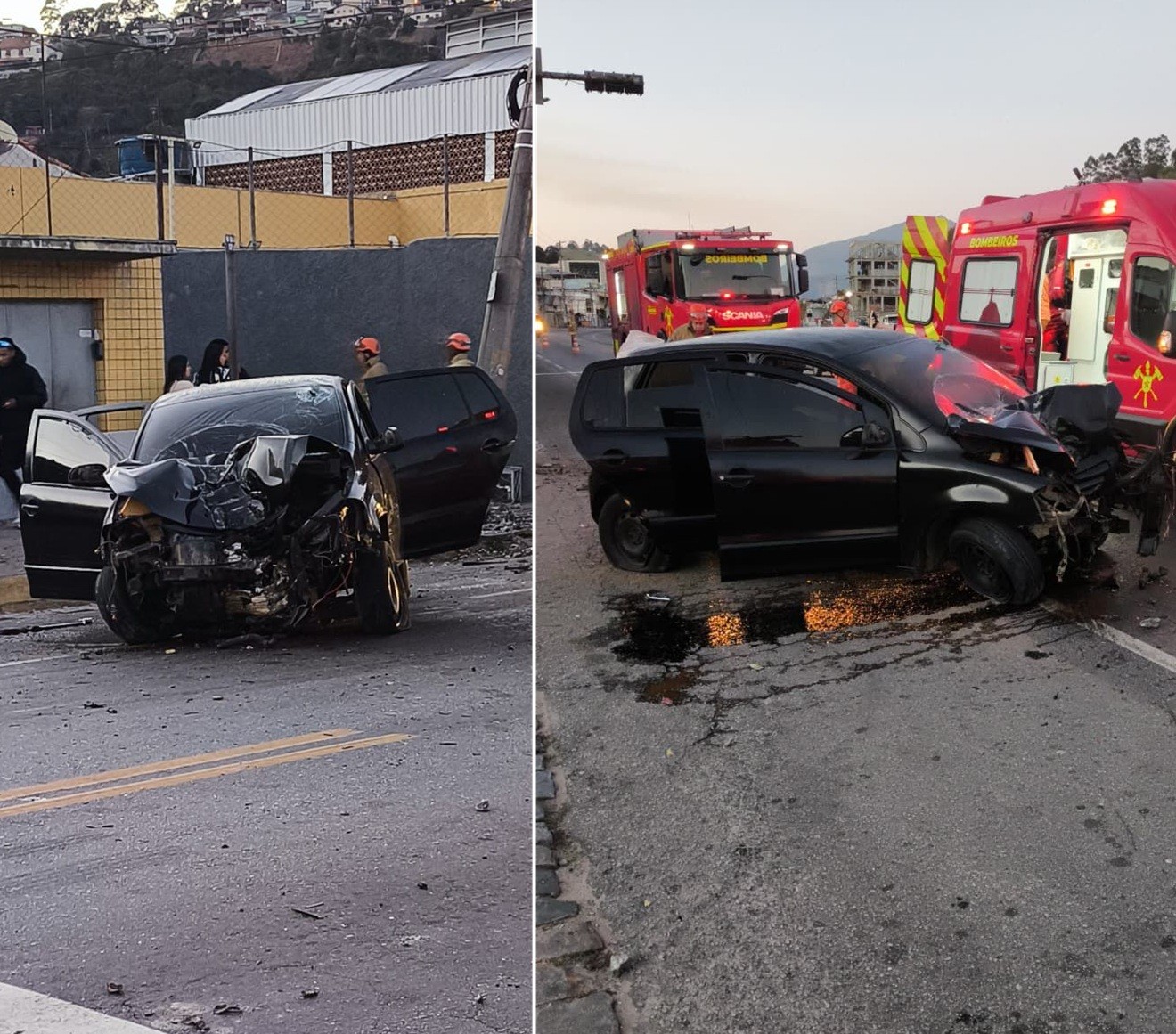 Carro bate e deixa poste quebrado ao meio, em Nova Friburgo