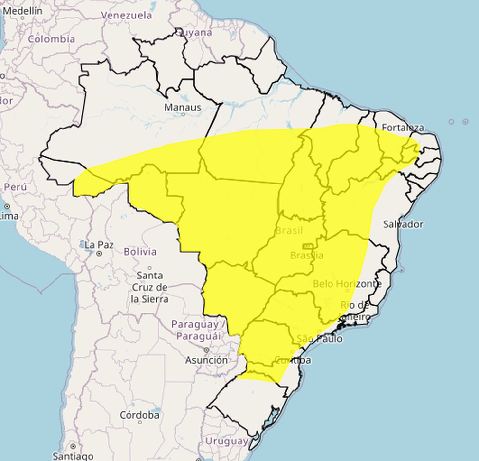 Regio em amarelo no mapa deve ter umidade entre 30% e 20% nesta tera (10). — Foto: Inmet