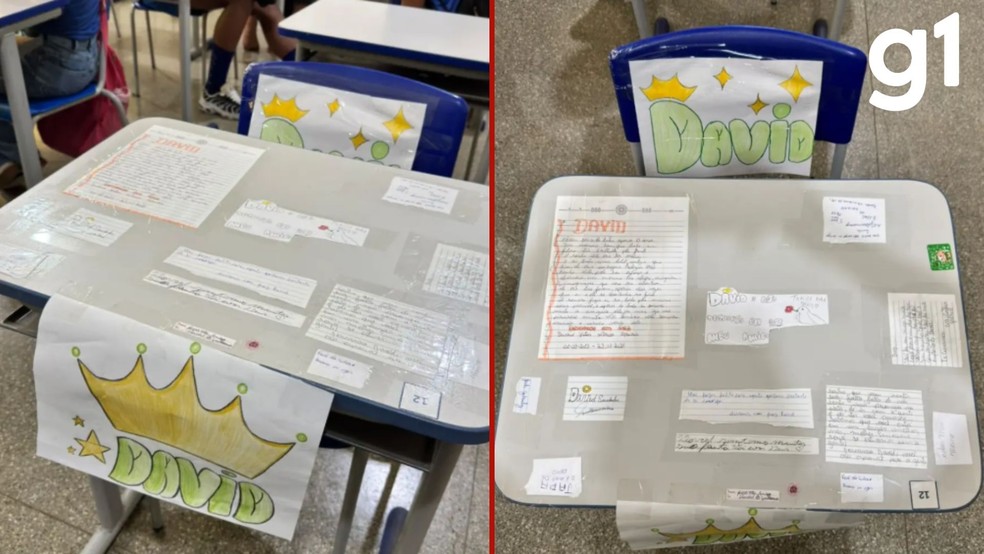Amigos prestam homenagem a Davi e deixam mensagens em sua carteira na sala de aula. — Foto: Reprodução