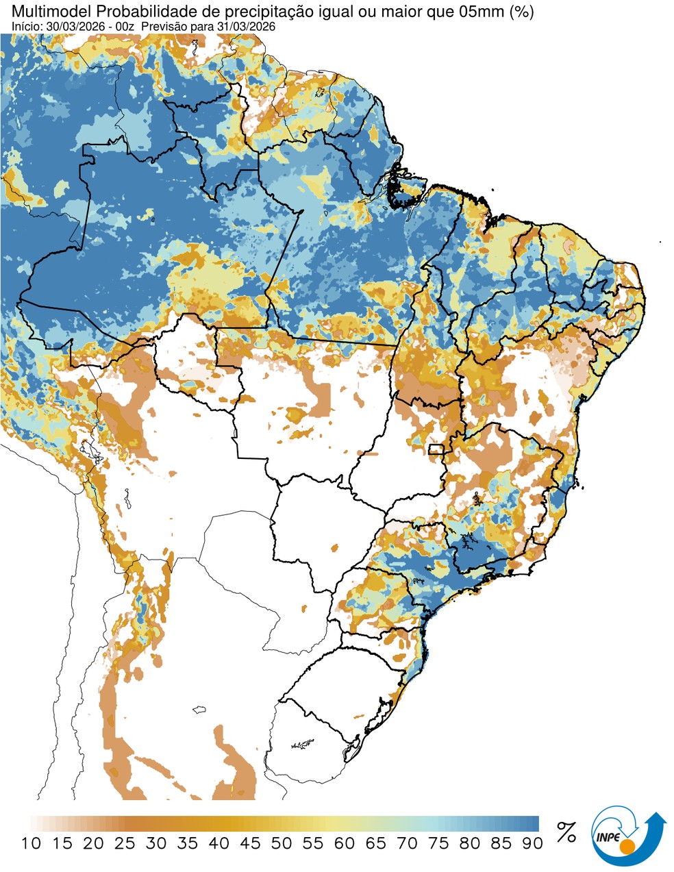 Mapa mostra previsão de chuva para esta terça (31) em todo o Brasil. — Foto: CPTEC/Inpe