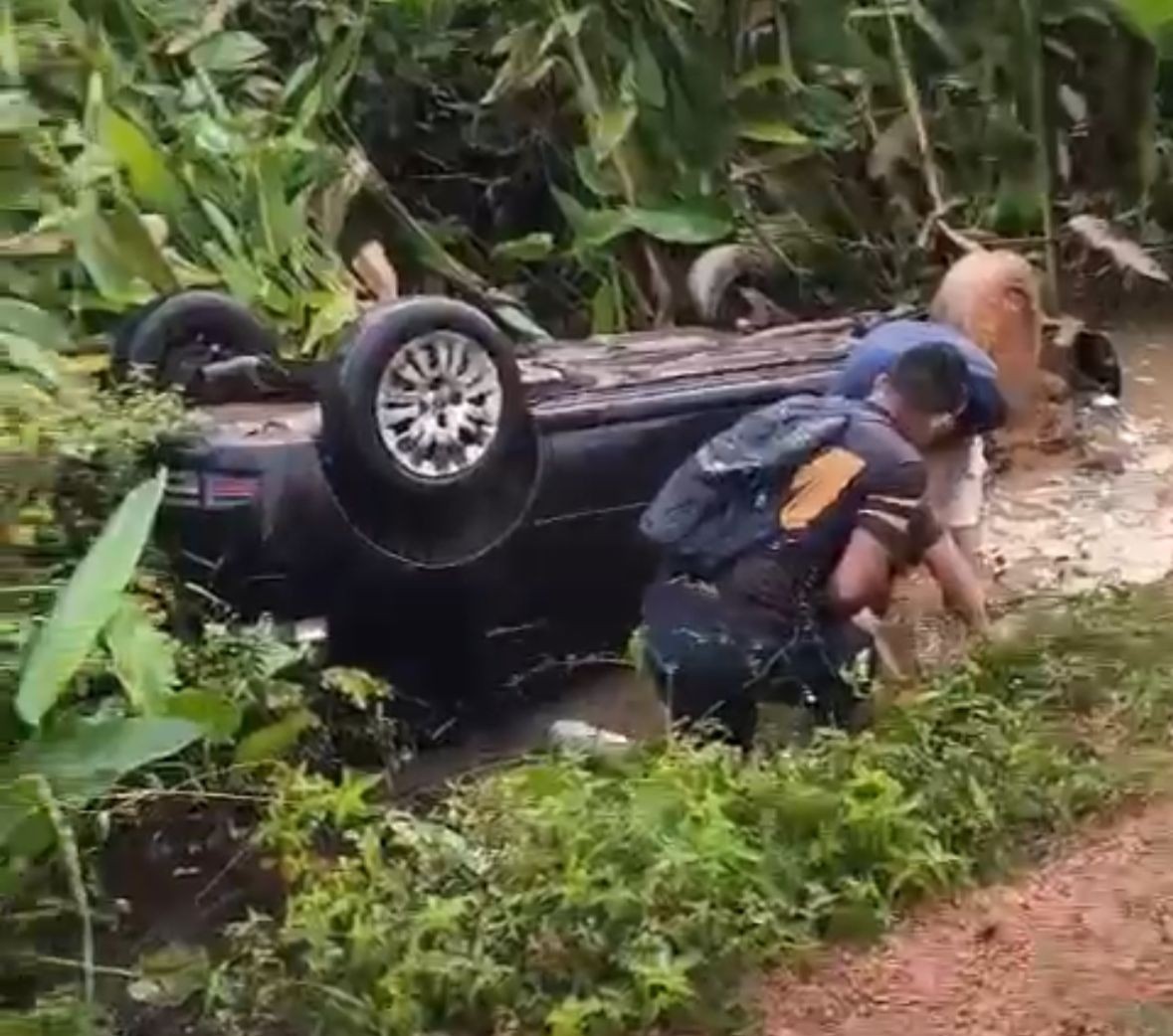 Carro cai em lagoa após colisão com 3 veículos no AP; motorista é resgatado por populares