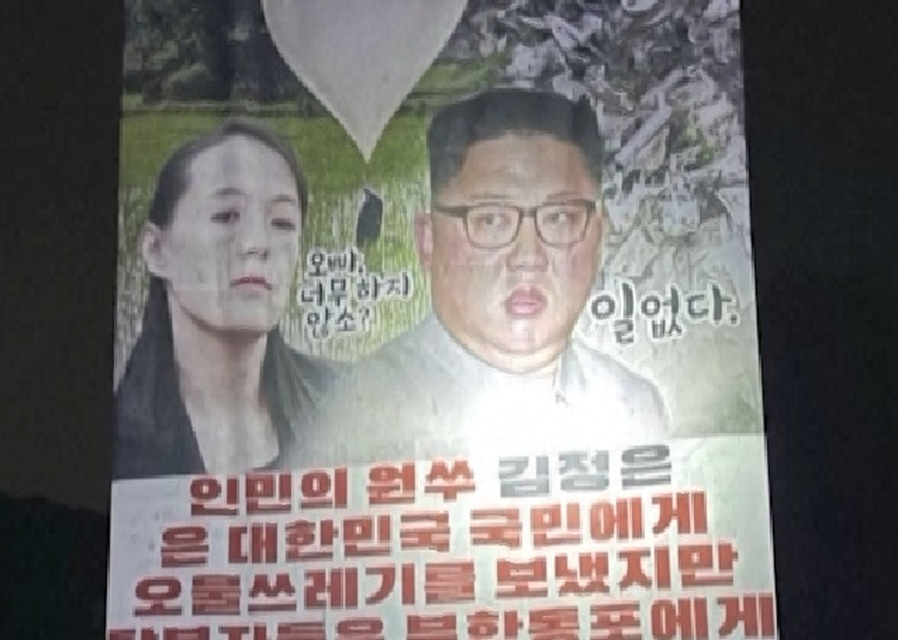 Balão trouxe cartaz com mensagem criticando Kim Jong-un — Foto: Reuters