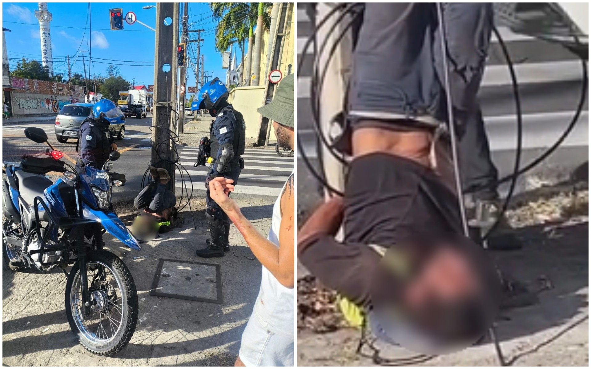 Homem é amarrado de cabeça para baixo em poste após tentativa de roubo e ataque com faca em Fortaleza