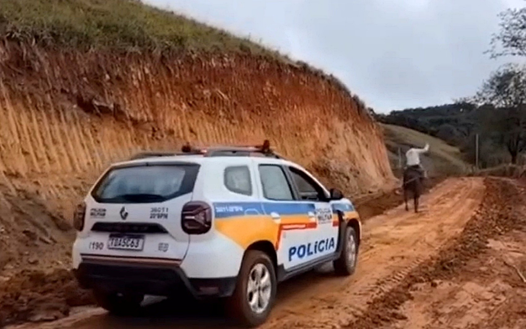 VÍDEO: Cavalo puxa viatura da PM em atoleiro em estrada do Sul de MG