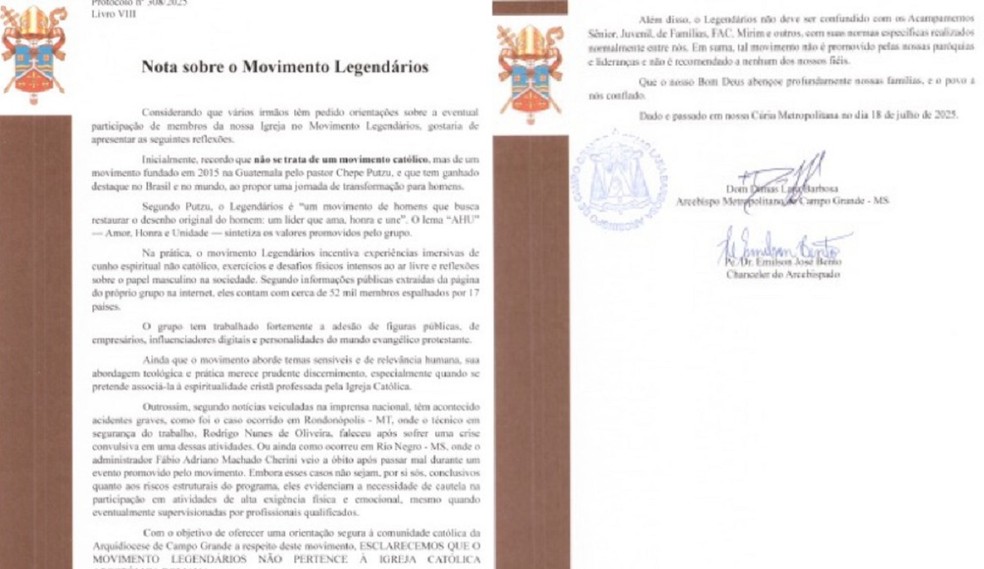 Partes da carta feita pelo arcebispo de Campo Grande — Foto: Reprodução