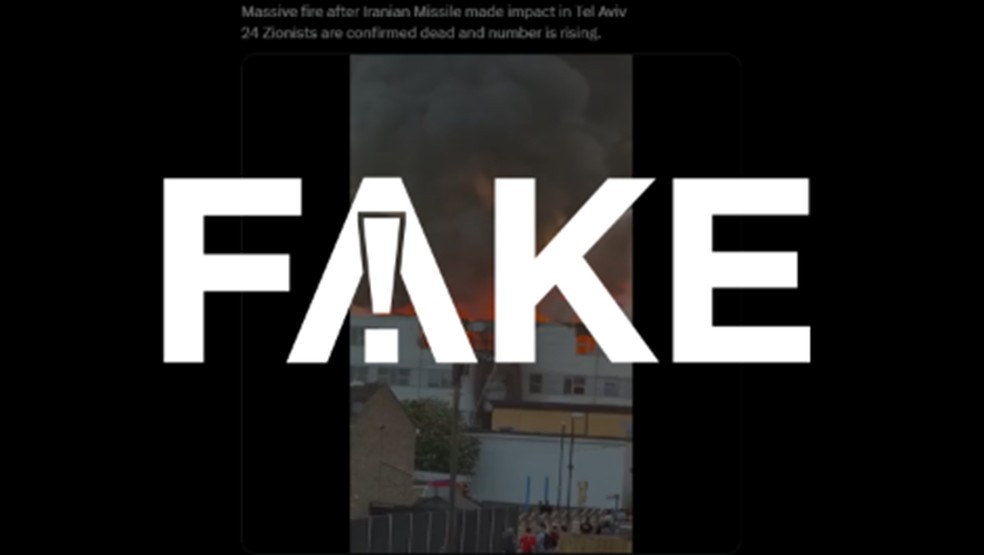 É #FAKE que vídeo de prédio em chamas seja Tel Aviv após ataque de mísseis iranianos; registro é de incêndio na Inglaterra — Foto: Reprodução