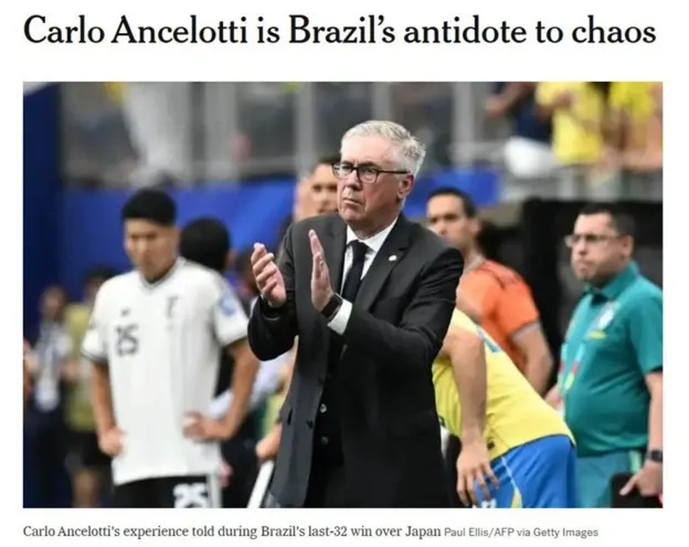 O The New York Times destacou papel fundamental de Ancelotti &agrave; frente da Sele&ccedil;&atilde;o brasileira &mdash; Foto: Reprodu&ccedil;&atilde;o/NYT