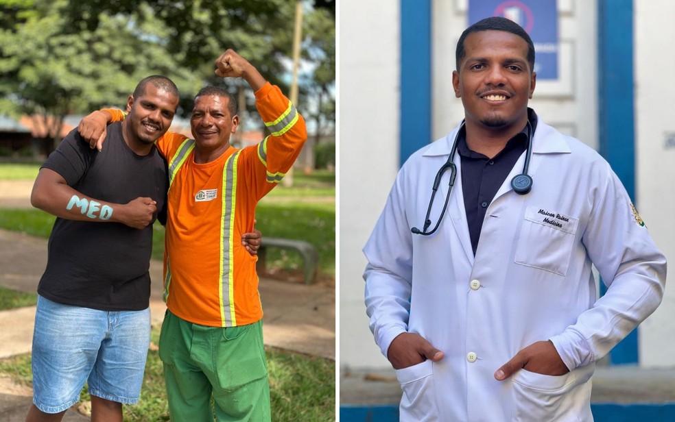 Maicon Rainan, estudante de medicina, ao lado do pai, Jos� Francisco, gari que sempre foi inspira��o em sua trajet�ria. � Foto: Reprodu��o/Arquivo pessoal