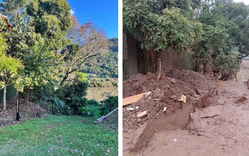 Estação de monitoramento do nível do rio na cidade do Muçum, no Rio Grande do Sul, antes e depois das cheias do início de maio. Neste caso, o equipamento é manual, não transmite os dados em tempo real. — Foto: Rhama Analysis