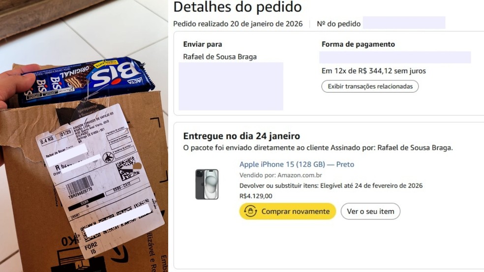 Homem compra iPhone de R$ 4,1 mil pela internet e recebe caixa com biscoitos de chocolate — Foto: Reprodução