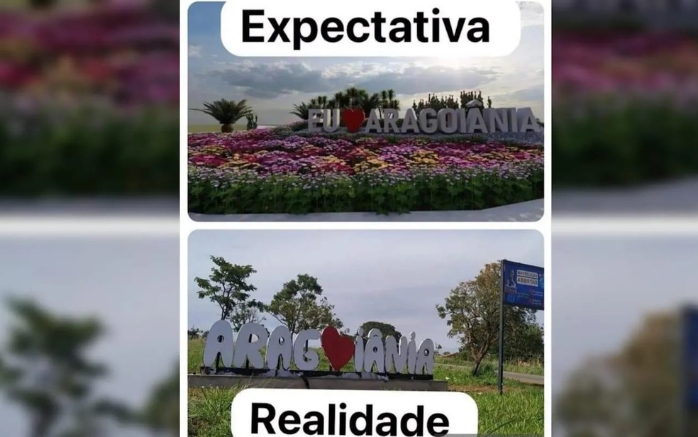 Placa na entrada de Aragoiânia gera piadas de moradores, em Goiás — Foto: Reprodução/Redes Sociais