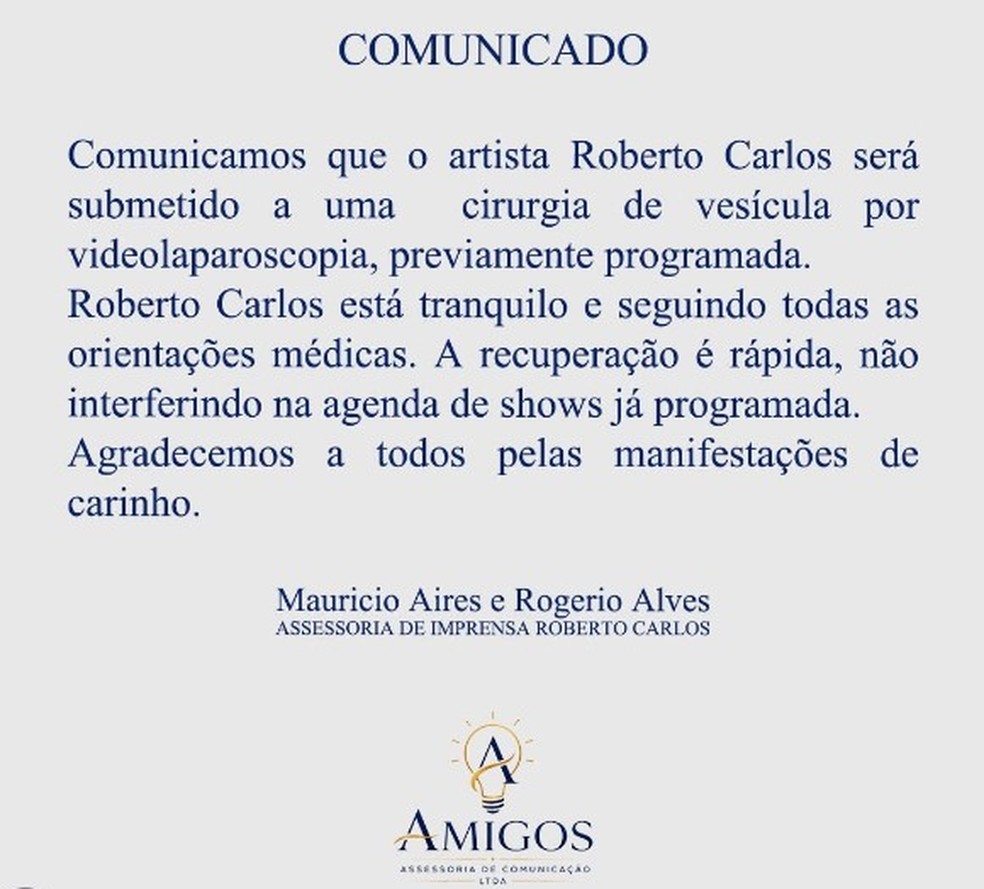 Roberto Carlos passará por cirurgia na vesícula — Foto: Reprodução