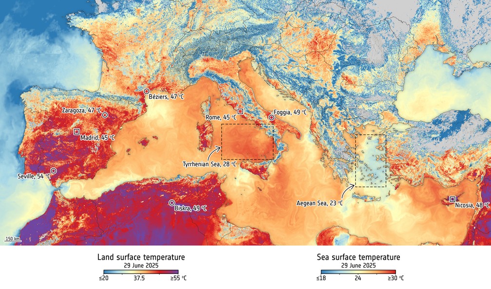 Imagem com temperaturas de até 54 °C na superfície mostra avanço da onda de calor no sul da Europa e Norte da África. — Foto: Dados do Copernicus Sentinel (2025), processados ​​pela ESA