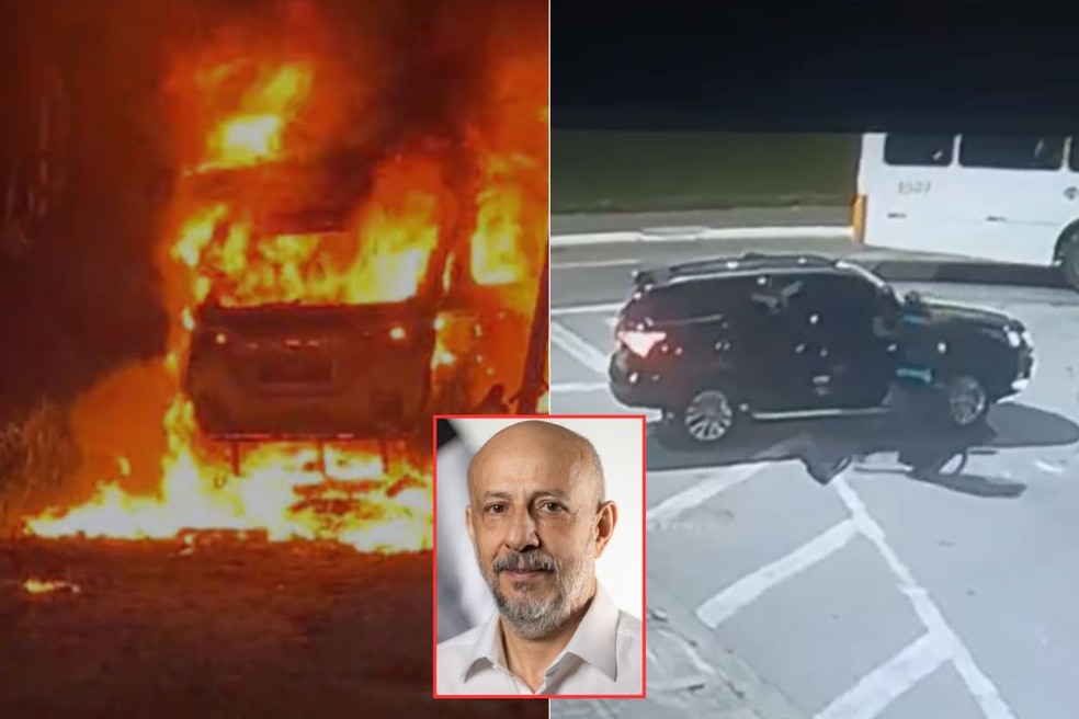 Carro suspeito de ter sido usado na execução do delegado Ruy Ferraz Fontes é encontrado em chamas em Praia Grande, SP — Foto: Reprodução e Prefeitura de Praia Grande