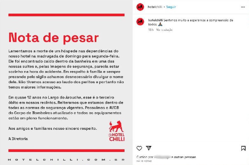 Hotel Chilli divulgou nota no seu Instagram para lamentar morte de hóspede Luiz Carlos Pereira de Lima — Foto: Reprodução/Instagram