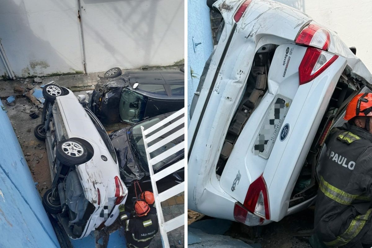 Carro cai de altura de cerca de 5 metros sobre veículos estacionados em Aparecida (SP); idoso fica ferido