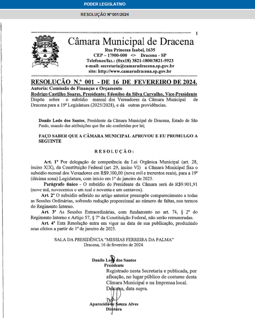 Câmara publica resolução que aprova aumento nos salários dos vereadores, em Dracena (SP) — Foto: Reprodução