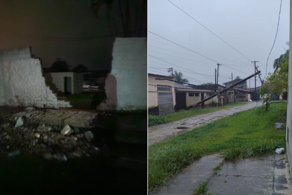 Em Peruíbe, teve queda de um muro de uma casa e um poste caiu na via. — Foto: g1 Santos
