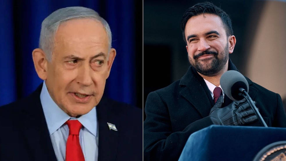 Primeiro-ministro de Israel, Benjamin Netanyahu, e prefeito de Nova York, Zohran Mamdani. — Foto: Ronen Zvulun/Reuters/Arquivo/Andres Kudacki/AP