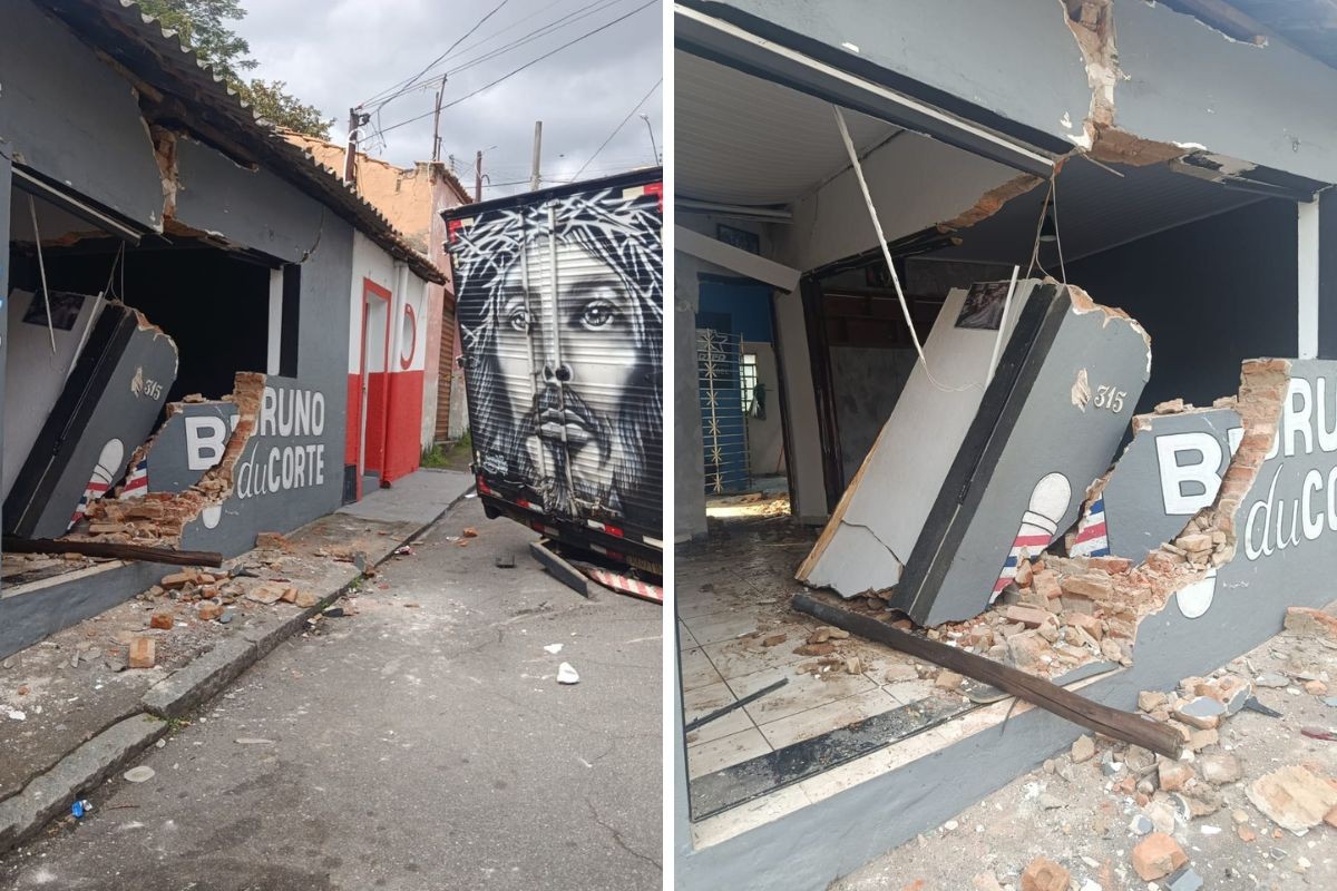 Caminhão invade e destrói barbearia em Guaratinguetá; veja vídeo de como ficou imóvel