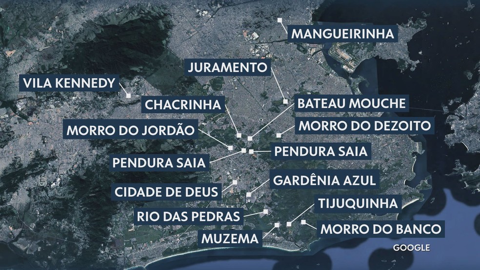 As 15 comunidades do Rio onde a Operação Contenção atuou nesta sexta-feira (10) | Foto: Reprodução/TV Globo