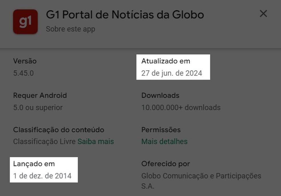 Datas de cadastro e atualização do aplicativo podem ajudar a identificar um app legítimo — Foto: Reprodução