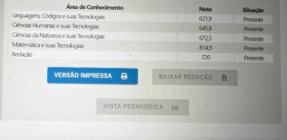 Candidato que fará 19 anos em 2026 mostra que atingiu notas mínimas para obter o certificado — Foto: Arquivo pessoal