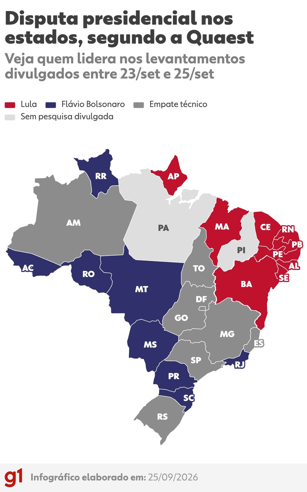 Quaest: mapa mostra como está a disputa presidencial nos estados — Foto: Arte/g1