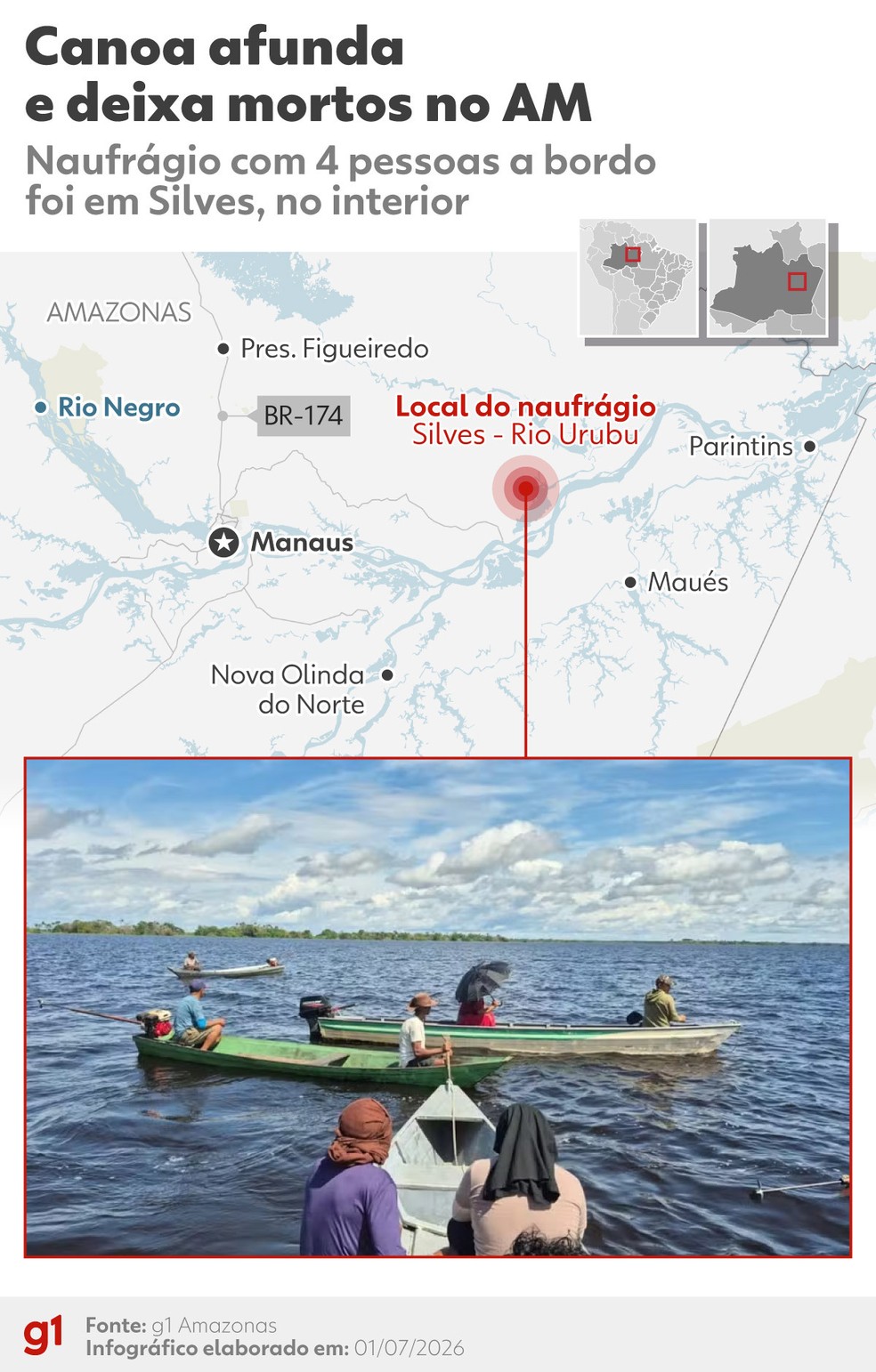 Canoa afunda e deixa mortos no interior do Amazonas — Foto: Arte/g1