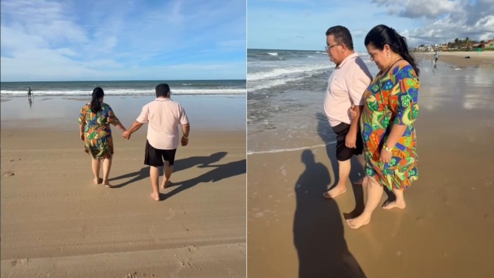 Pais da maquiadora pisaram pela primeira vez no mar em Beberibe — Foto: Reprodução/ Kéllyta Krys