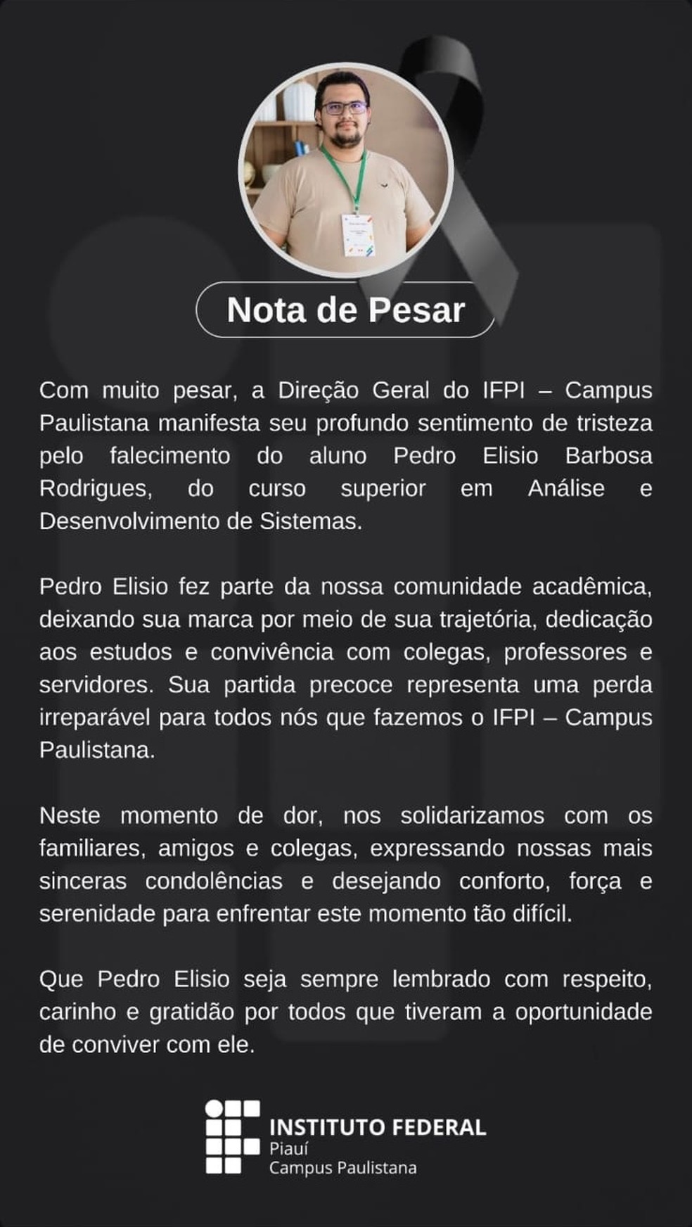 Estudante universitário morre em colisão de moto contra picape na BR-407, no Sul do Piauí — Foto: Divulgação/IFPI