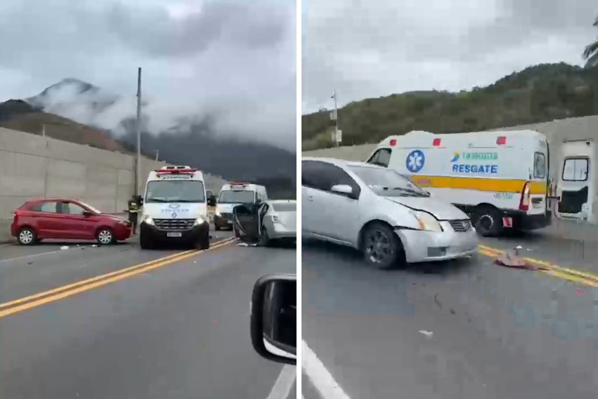 Quatro pessoas ficam feridas em batida frontal entre dois carros no Contorno Sul da Tamoios