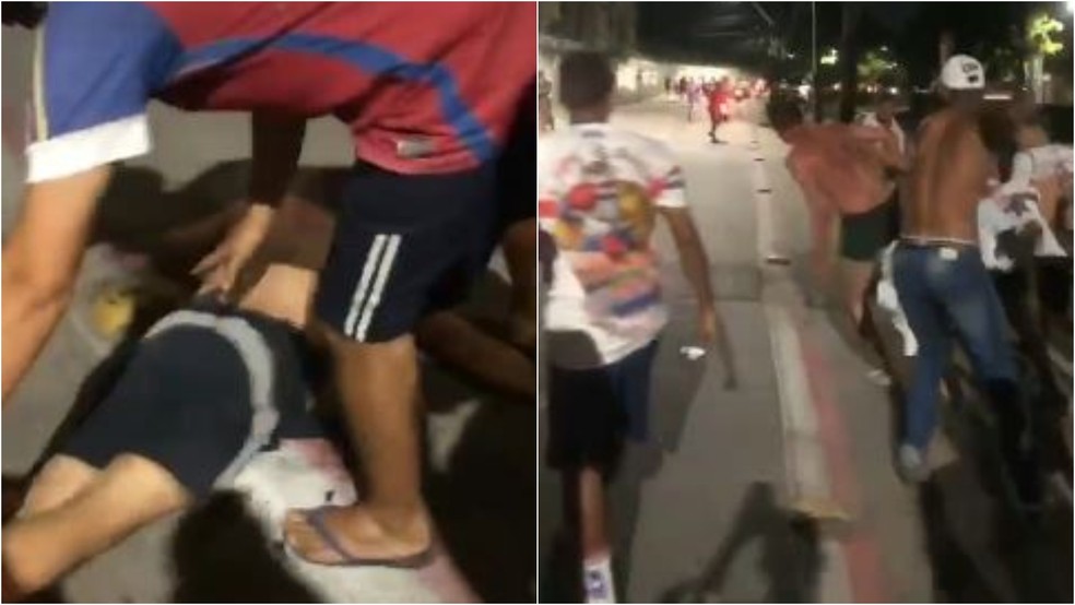 Dois homens são agredidos por grupo de torcedores na Avenida Eduardo Girão, em Fortaleza. — Foto: Reprodução
